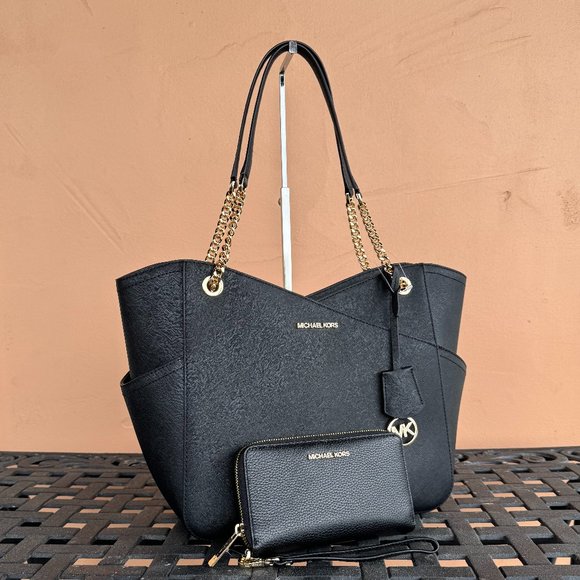 Michael Kors Jet Set Travel Large Chain Tote Bag + Wallet Black - Picture 2 of 14